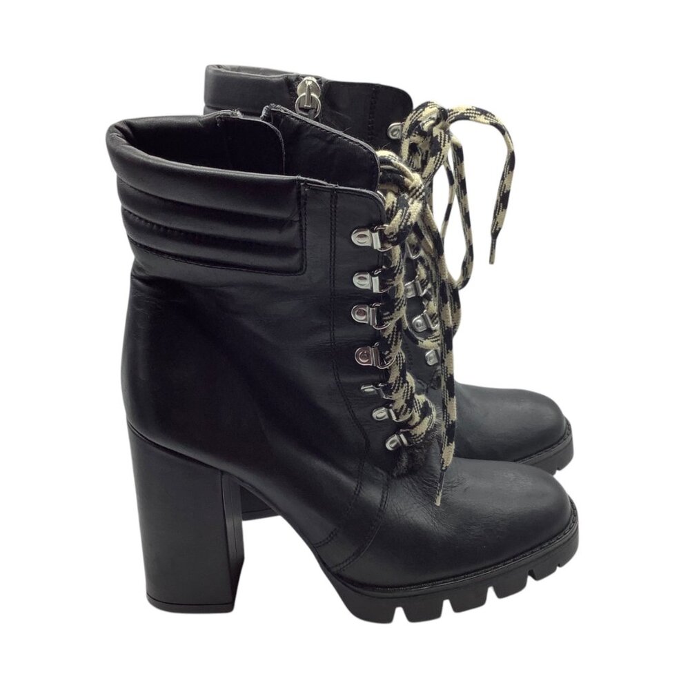 Zara Black Leather Chunky Heel Lace-Up Ankle Boots Side Zipper EU37